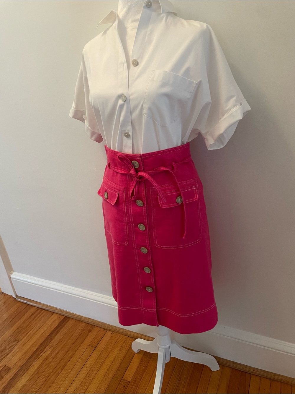 J Crew Pink Button Down Tie Waist Skirt. Lined. Size 8